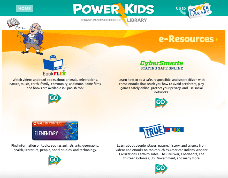 Power Kids Library home page links users to BookFLIX, TrueFLIX, Cybersmart, or Gale Elementary.