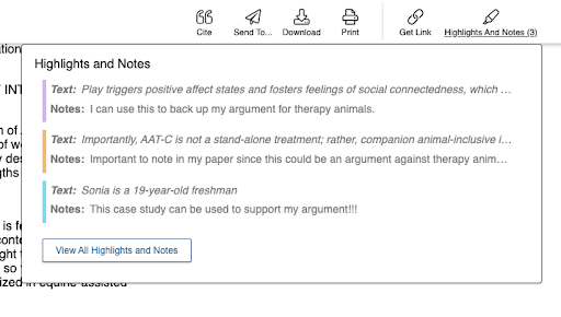 a screenshot of Gale's Academic OneFile highlighting and notes features